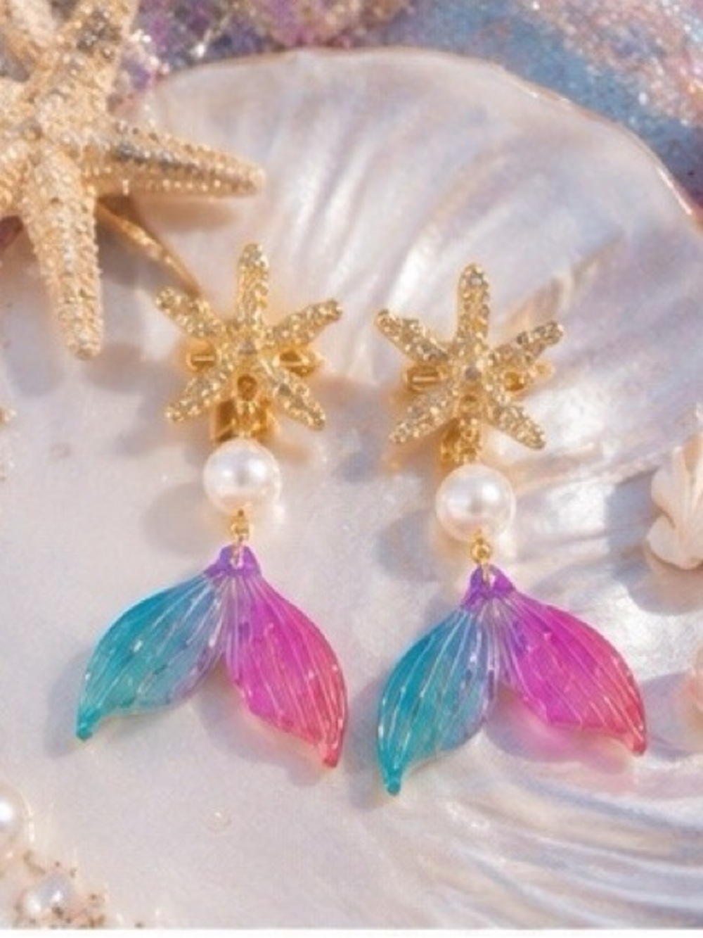 Gold Starfish Earrings with Pink & Teal Feather Drops - Women Jewelry
